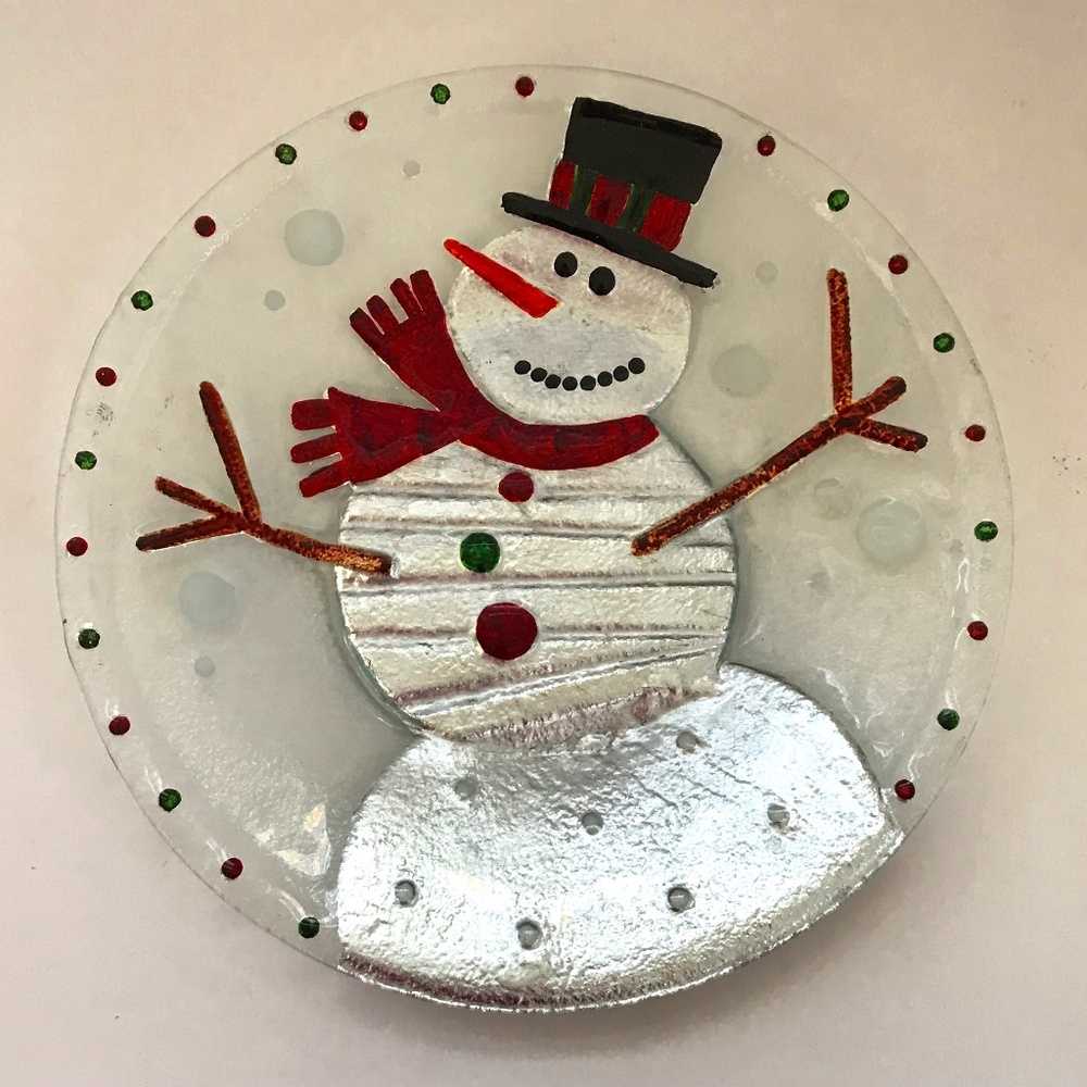 Holiday Platter Glass 12” Round Metallic Silver Christmas Snowman